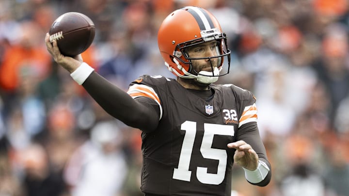 Dec 10, 2023; Cleveland, Ohio, USA; Cleveland Browns quarterback Joe Flacco (15) throws the ball