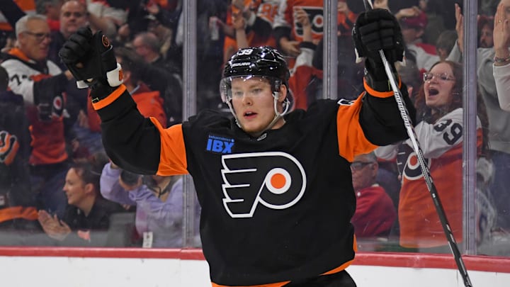 Mar 27, 2025; Philadelphia, Pennsylvania, USA; Philadelphia Flyers right wing Matvei Michkov (39) celebrates his goal against the Montreal Canadiens during the third period at Wells Fargo Center. Mandatory Credit: Eric Hartline-Imagn Images