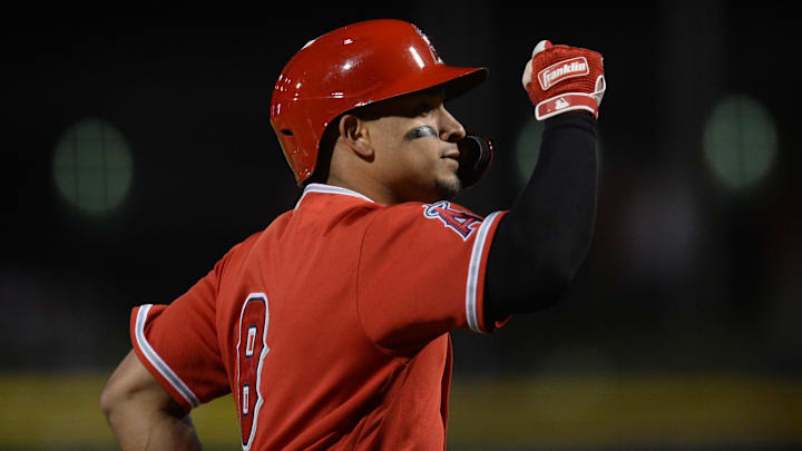 Mar 17, 2021; Peoria, Arizona, USA; Los Angeles Angels second baseman Franklin Barreto (8) celebrates after hitting a solo home run against the Seattle Mariners during the second inning of a spring training game at Peoria Sports Complex.