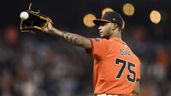 Jul 12, 2024; San Francisco, California, USA; San Francisco Giants closing pitcher Camilo Doval (75) prepares to throw against the Minnesota Twins during the ninth inning at Oracle Park. Jul 12, 2024; San Francisco, California, USA; San Francisco Giants closing pitcher Camilo Doval (75) prepares to throw against the Minnesota Twins during the ninth inning at Oracle Park.