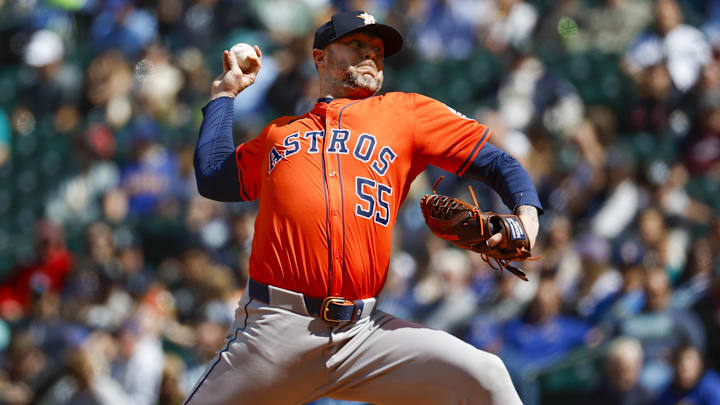 Houston Astros reliever Ryan Pressly throws during a game against the Seattle Mariners on May 30 at T-Mobile Park. Houston Astros reliever Ryan Pressly throws during a game against the Seattle Mariners on May 30 at T-Mobile Park.