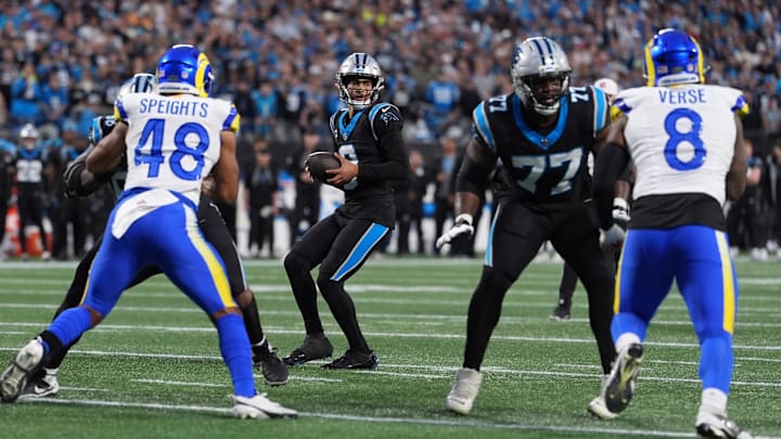 Jan 10, 2026; Charlotte, NC, USA; Carolina Panthers quarterback Bryce Young (9) drops back to pass against the Los Angeles Rams in the first half during the NFC Wild Card Round game at Bank of America Stadium. Mandatory Credit: Jim Dedmon-Imagn Images Jan 10, 2026; Charlotte, NC, USA; Carolina Panthers quarterback Bryce Young (9) drops back to pass against the Los Angeles Rams in the first half during the NFC Wild Card Round game at Bank of America Stadium. Mandatory Credit: Jim Dedmon-Imagn Images