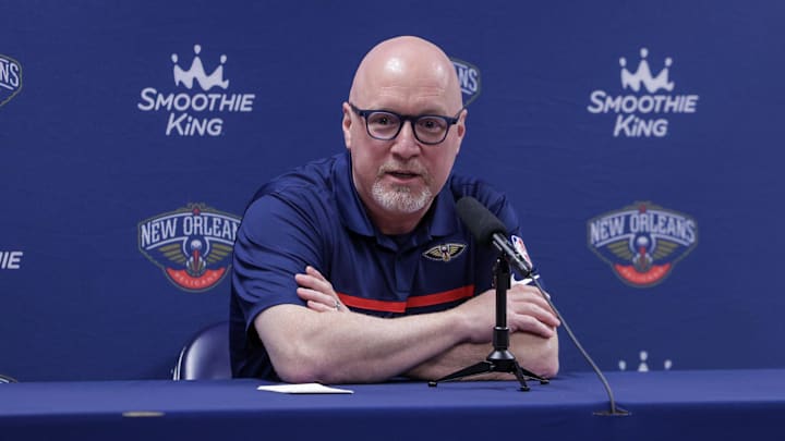 Sep 26, 2022; New Orleans, LA, USA; New Orleans Pelicans vice president of basketball operations David Griffin during a press conference at the New Orleans Pelicans Media Day from the Smoothie King Center. Sep 26, 2022; New Orleans, LA, USA; New Orleans Pelicans vice president of basketball operations David Griffin during a press conference at the New Orleans Pelicans Media Day from the Smoothie King Center.