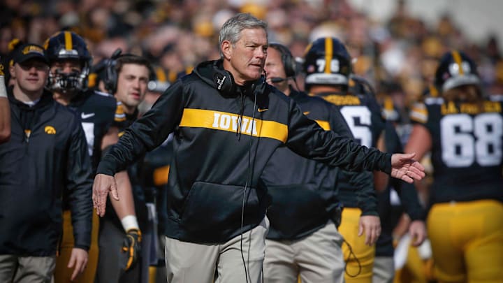 Iowa head football coach Kirk Ferentz celebrates with players after the Hawkeyes scored against Maryland on Saturday, Oct. 20, 2018, at Kinnick Stadium in Iowa City Iowa head football coach Kirk Ferentz celebrates with players after the Hawkeyes scored against Maryland on Saturday, Oct. 20, 2018, at Kinnick Stadium in Iowa City