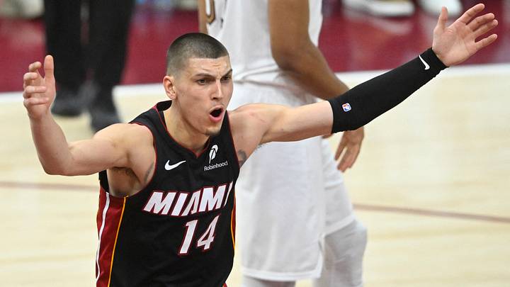 Miami Heat guard Tyler Herro (14) reacts (Mandatory Credit: David Richard-Imagn Images)