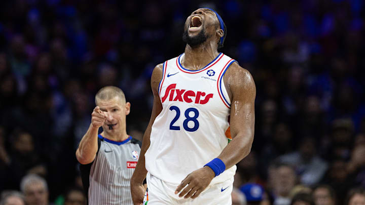 Nov 27, 2024; Philadelphia, Pennsylvania, USA; Philadelphia 76ers forward Guerschon Yabusele (28) reacts to a Houston Rockets turnover during the second quarter at Wells Fargo Center. Mandatory Credit: Bill Streicher-Imagn Images