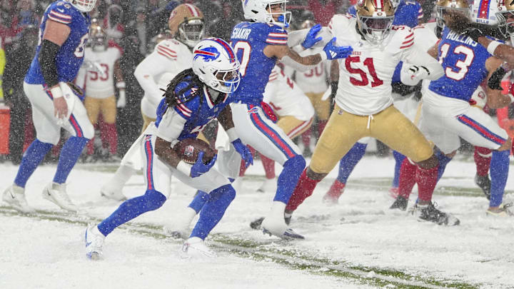 Buffalo Bills running back James Cook runs with the ball against the San Francisco 49ers.