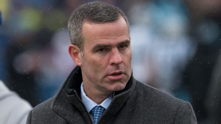 Dec 19, 2021; Orchard Park, New York, USA; Buffalo Bills general manager Brandon Beane on the field before a game against the Carolina Panthers at Highmark Stadium. Mandatory Credit: Mark Konezny-Imagn Images