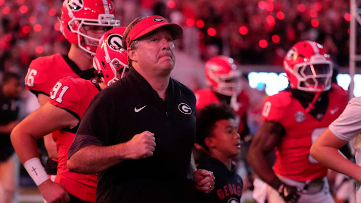 Georgia Bulldogs coach Kirby Smart takes the field before the start of a NCAA college football game against Alabama in Athens, Ga., on Saturday, September 27, 2025.