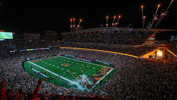 The Cincinnati Bengals take the field for Monday Night Football against the Washington Commanders on September 23, 2024 at Paycor Stadium. The Cincinnati Bengals take the field for Monday Night Football against the Washington Commanders on September 23, 2024 at Paycor Stadium.