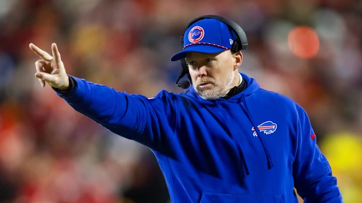 Jan 26, 2025; Kansas City, MO, USA; Buffalo Bills head coach Sean McDermott against the Kansas City Chiefs during the AFC Championship game at GEHA Field at Arrowhead Stadium. Mandatory Credit: Mark J. Rebilas-Imagn Images