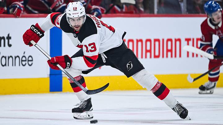Apr 5, 2026; Montreal, Quebec, CAN; New Jersey Devils center Nico Hischier (13) plays the puck against the Montreal Canadiens during the second period at Bell Centre. Mandatory Credit: David Kirouac-Imagn Images Apr 5, 2026; Montreal, Quebec, CAN; New Jersey Devils center Nico Hischier (13) plays the puck against the Montreal Canadiens during the second period at Bell Centre. Mandatory Credit: David Kirouac-Imagn Images