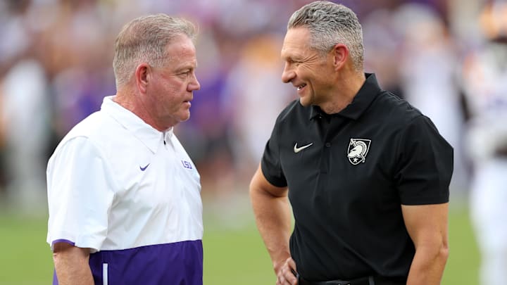 Oct 21, 2023; Baton Rouge, Louisiana, USA; Army Black Knights head coach Jeff Monken chats with LSU