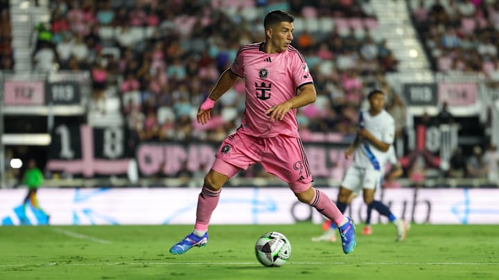 Jul 27, 2024; Ft. Lauderdale, Florida, USA; Inter Miami CF forward Luis Suarez (9) controls the ball against Puebla in the second half during the group stage of Leagues Cup at Chase Stadium. Mandatory Credit: Nathan Ray Seebeck-USA TODAY Sports