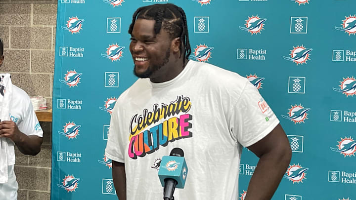 Miami Dolphins DT Kenneth Grant speaks to reporters after the joint practice in Chicago. Miami Dolphins DT Kenneth Grant speaks to reporters after the joint practice in Chicago.