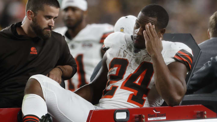 Sep 18, 2023; Pittsburgh, Pennsylvania, USA; Cleveland Browns running back Nick Chubb (24) is taken from the field on a cart after suffering an apparent injury against the Pittsburgh Steelers during the second quarter at Acrisure Stadium. Mandatory Credit: Charles LeClaire-USA TODAY Sports Sep 18, 2023; Pittsburgh, Pennsylvania, USA; Cleveland Browns running back Nick Chubb (24) is taken from the field on a cart after suffering an apparent injury against the Pittsburgh Steelers during the second quarter at Acrisure Stadium. Mandatory Credit: Charles LeClaire-USA TODAY Sports