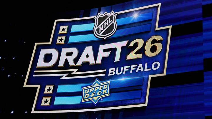 Jun 26, 2026; Buffalo, New York, USA; The logo for the NHL draft during the first round at KeyBank Center. Mandatory Credit: Timothy T. Ludwig-Imagn Images