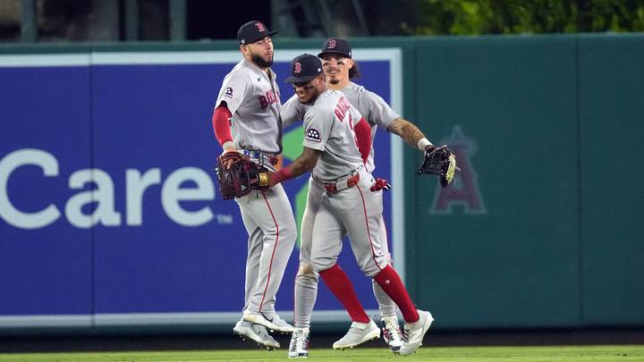 Jul 5, 2026; Anaheim, California, USA; Boston Red Sox center fielder Ceddanne Rafaela (3), right fielder Wilyer Abreu (52) and left fielder Jarren Duran (16) celebrate after the game against the Los Angeles Angels at Angel Stadium. Mandatory Credit: Kirby Lee-Imagn Images Jul 5, 2026; Anaheim, California, USA; Boston Red Sox center fielder Ceddanne Rafaela (3), right fielder Wilyer Abreu (52) and left fielder Jarren Duran (16) celebrate after the game against the Los Angeles Angels at Angel Stadium. Mandatory Credit: Kirby Lee-Imagn Images