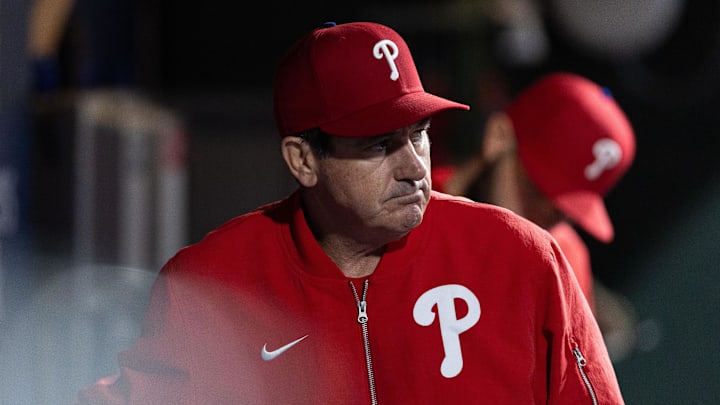 May 15, 2024; Philadelphia, Pennsylvania, USA; Philadelphia Phillies manager Rob Thomson looks on during the eighth inning against the New York Mets at Citizens Bank Park. Mandatory Credit: Bill Streicher-Imagn Images
