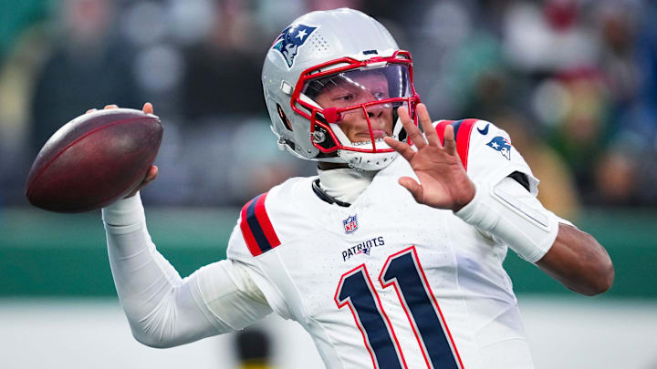 New England Patriots quarterback Joshua Dobbs (11) throws the ball during a game against the New York Jets at MetLife Stadium, Dec 28, 2025, East Rutherford, NJ, USA.