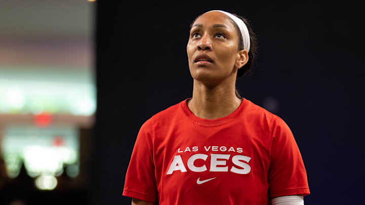 A'ja Wilson (22, Las Vegas Aces) warms up during a May 13, 2022 game.