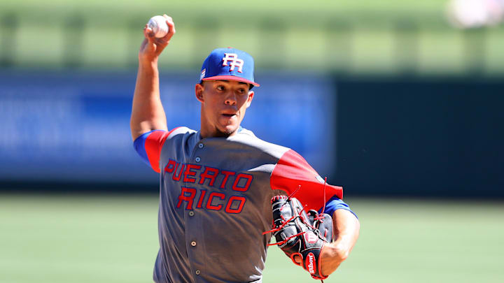 Mar 9, 2017; Scottsdale, AZ, USA; Puerto Rico pitcher Jose Berrios throws in the first inning