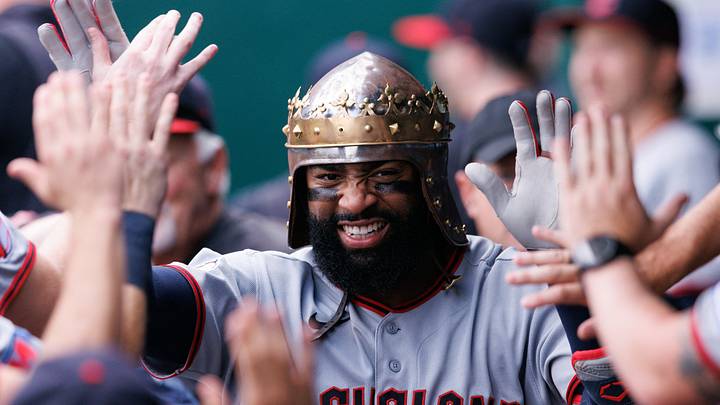 Sep 27, 2026; Kansas City, Missouri, USA; Cleveland Guardians right fielder Jo Adell (7) celebrates in the dugout after hitting a home run during the sixth inning against the Kansas City Royals at Kauffman Stadium. Mandatory Credit: William Purnell-Imagn Images Sep 27, 2026; Kansas City, Missouri, USA; Cleveland Guardians right fielder Jo Adell (7) celebrates in the dugout after hitting a home run during the sixth inning against the Kansas City Royals at Kauffman Stadium. Mandatory Credit: William Purnell-Imagn Images