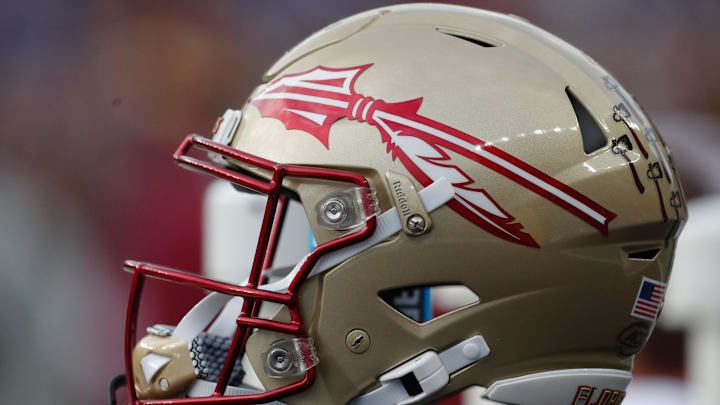 Nov 4, 2023; Pittsburgh, Pennsylvania, USA;  A Florida State Seminoles helmet on the sidelines against the Pittsburgh Panthers during the second quarter at Acrisure Stadium. Mandatory Credit: Charles LeClaire-Imagn Images