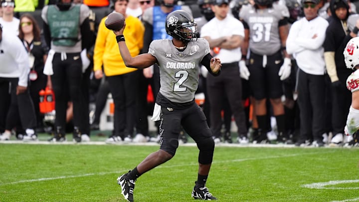 Nov 16, 2024; Boulder, Colorado, USA; Colorado Buffaloes quarterback Shedeur Sanders (2) prepares to pass in the second half against the Utah Utes at Folsom Field. 