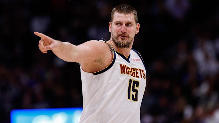 Denver Nuggets center Nikola Jokic (15) reacts after a play in the second quarter against the Phoenix Suns at Ball Arena. Mandatory Credit: Isaiah J. Downing-Imagn Images