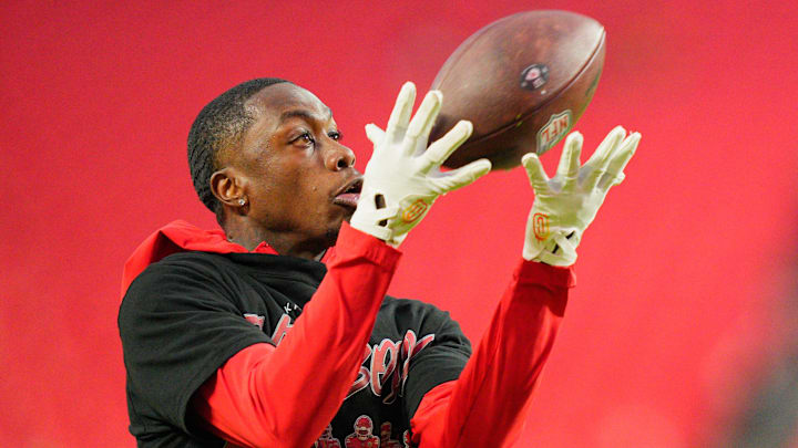 Oct 27, 2025; Kansas City, Missouri, USA; Kansas City Chiefs wide receiver Xavier Worthy (1) warms up prior to the game against the Washington Commanders at GEHA Field at Arrowhead Stadium. Mandatory Credit: Jay Biggerstaff-Imagn Images