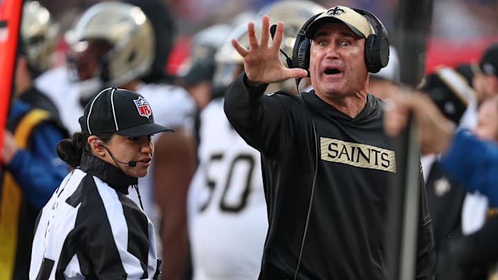 New Orleans Saints head coach Darren Rizzi reacts to a call against the New York Giants
