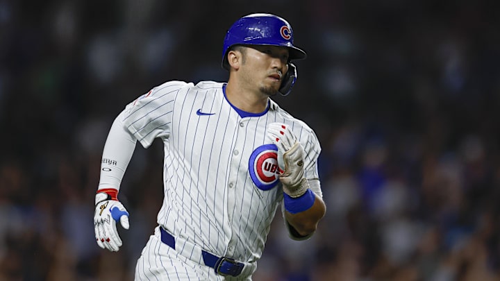 Sep 19, 2024; Chicago, Illinois, USA; Chicago Cubs outfielder Seiya Suzuki (27) rounds the bases after hitting a two-run home run against the Washington Nationals during the third inning at Wrigley Field. 