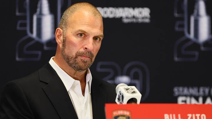 Jun 7, 2024; Sunrise, Florida, USA; Florida Panthers general manager Bill Zito speaks to reporters during media day in advance of the 2024 Stanley Cup Final at Amerant Bank Arena. Mandatory Credit: Sam Navarro-Imagn Images