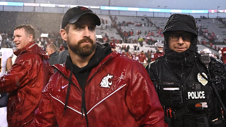 Oct 25, 2025; Pullman, Washington, USA; Washington State Cougars head coach Jimmy Rogers walks off the field after a game against the Toledo Rockets at Gesa Field at Martin Stadium. Washington State Cougars won 28-7. Mandatory Credit: James Snook-Imagn Images