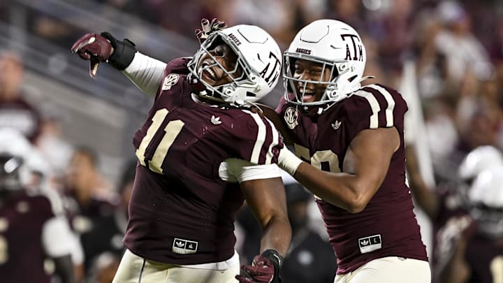 Oct 11, 2025; College Station, Texas, USA; Texas A&M Aggies defensive tackle Tyler Onyedim (11) reacts during the fourth quarter against the Florida Gators at Kyle Field. Mandatory Credit: Maria Lysaker-Imagn Images 
