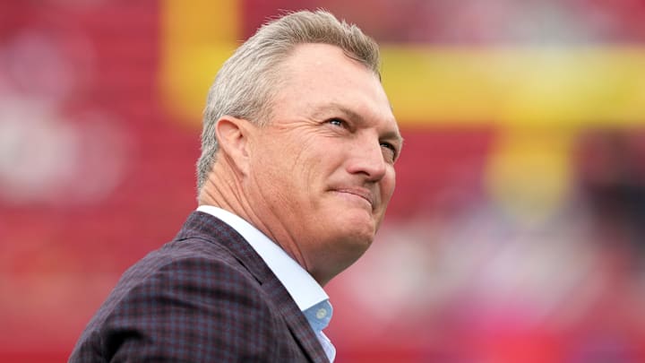 Sep 28, 2025; Santa Clara, California, USA; San Francisco 49ers general manager John Lynch before the game against the Jacksonville Jaguars at Levi's Stadium. Mandatory Credit: Darren Yamashita-Imagn Images