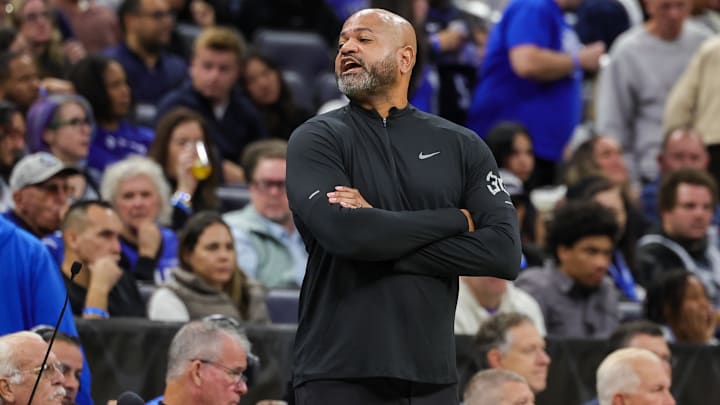 Nov 23, 2024; Orlando, Florida, USA; Detroit Pistons head coach J.B. Bickerstaff shouts to the bench during the second quarter against the Orlando Magic at Kia Center. Mandatory Credit: Mike Watters-Imagn Images