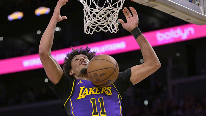Apr 4, 2025; Los Angeles, California, USA;  Los Angeles Lakers center Jaxson Hayes (11) dunks in the first half against the New Orleans Pelicans at Crypto.com Arena. Mandatory Credit: Jayne Kamin-Oncea-Imagn Images