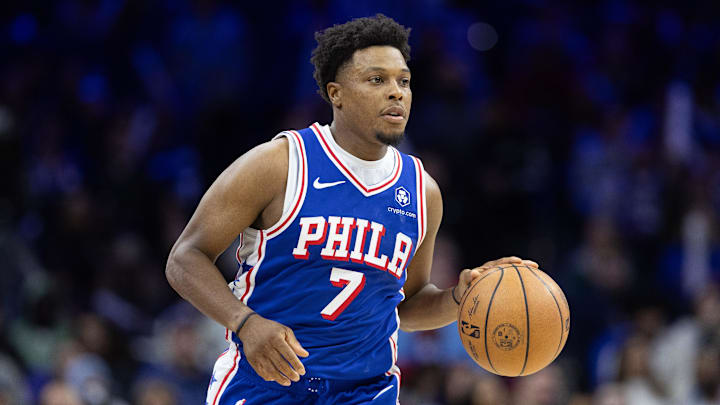 Nov 10, 2024; Philadelphia, Pennsylvania, USA; Philadelphia 76ers guard Kyle Lowry (7) dribbles the ball against the Charlotte Hornets  in overtime at Wells Fargo Center. Mandatory Credit: Bill Streicher-Imagn Images