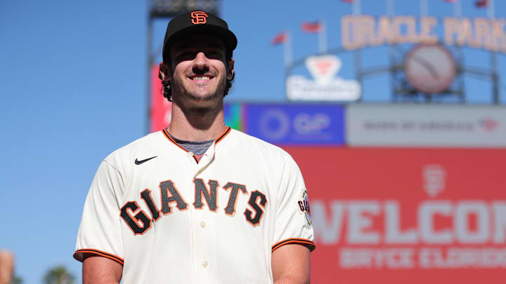 Jul 26, 2023; San Francisco, California, USA; San Francisco Giants 2023 first round draft pick Bryce Eldridge poses for a photo before the game against the Oakland Athletics at Oracle Park. Jul 26, 2023; San Francisco, California, USA; San Francisco Giants 2023 first round draft pick Bryce Eldridge poses for a photo before the game against the Oakland Athletics at Oracle Park.