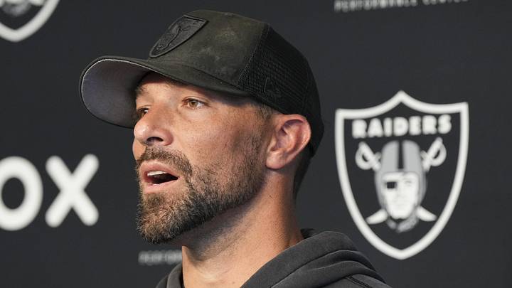 Las Vegas Raiders defensive coordinator Rob Leonard speaks during a news conference during organized team activities.