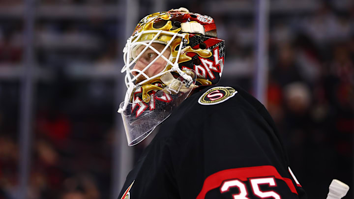 Apr 7, 2026; Ottawa, Ontario, CAN;  Ottawa Senators goaltender Linus Ullmark (35) is seen in a game against the Tampa Bay Lightning during the second period at Canadian Tire Centre. Mandatory Credit: Keito Newman-Imagn Images

