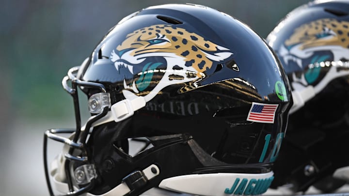 Nov 3, 2024; Philadelphia, Pennsylvania, USA; Jacksonville Jaguars helmets on the sidelines against the Philadelphia Eagles at Lincoln Financial Field. Mandatory Credit: Eric Hartline-Imagn Images