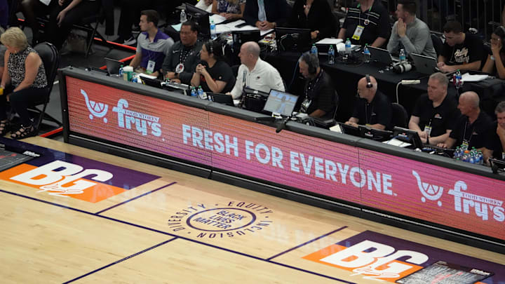 Jun 29, 2022; Phoenix, Arizona, USA; A painted section of the court reading BG 42 in support of Phoenix Mercury center Brittney Griner (not pictured) during the first half of the game between the Phoenix Mercury and the Indiana Fever at Footprint Center. Mandatory Credit: Joe Camporeale-Imagn Images