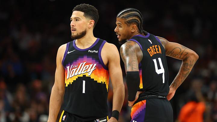 Apr 7, 2026; Phoenix, Arizona, USA; Phoenix Suns guard Devin Booker (1) and Jalen Green (4) against the Houston Rockets in the second half at Mortgage Matchup Center. Mandatory Credit: Mark J. Rebilas-Imagn Images
Apr 7, 2026; Phoenix, Arizona, USA; Phoenix Suns guard Devin Booker (1) and Jalen Green (4) against the Houston Rockets in the second half at Mortgage Matchup Center. Mandatory Credit: Mark J. Rebilas-Imagn Images