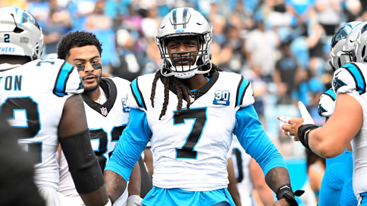 Sep 15, 2024; Charlotte, North Carolina, USA; Carolina Panthers linebacker Jadeveon Clowney (7) before the game at Bank of America Stadium. Mandatory Credit: Bob Donnan-Imagn Images