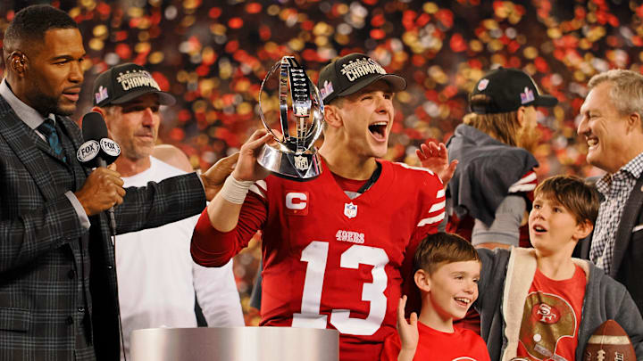 Jan 28, 2024; Santa Clara, California, USA; San Francisco 49ers quarterback Brock Purdy (13) holds