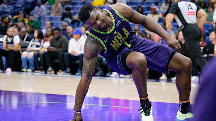 Mar 17, 2025; New Orleans, Louisiana, USA; New Orleans Pelicans forward Zion Williamson (1) reacts after getting up from a missed dunk against the Detroit Pistons during the second half at Smoothie King Center. Mandatory Credit: Matthew Hinton-Imagn Images