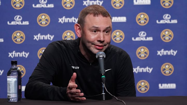 Feb 22, 2026; San Francisco, California, USA;  Denver Nuggets head coach David Adelman addresses the media before the game against the Golden State Warriors at Chase Center. Mandatory Credit: David Gonzales-Imagn Images